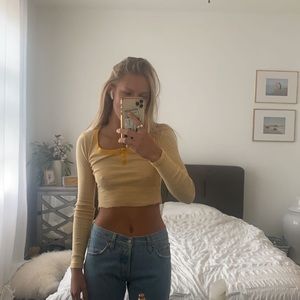 Long sleeve. Skin tight. Cropped. Stripped yellow and white. Yellow buttons.